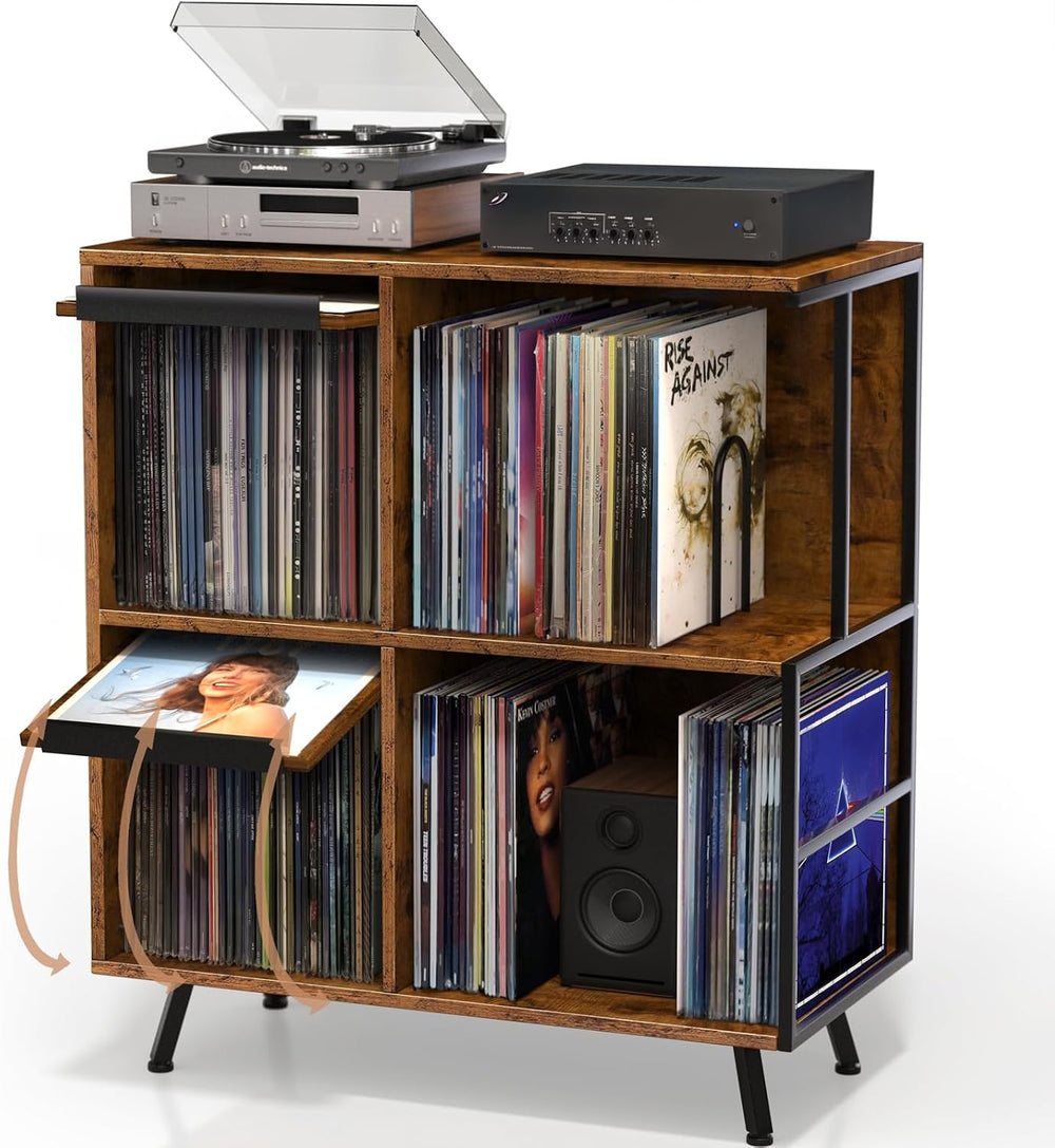 Faesun 3 Tier Record Player Stand with Flip-Down Record Shelf, Rustic Brown
