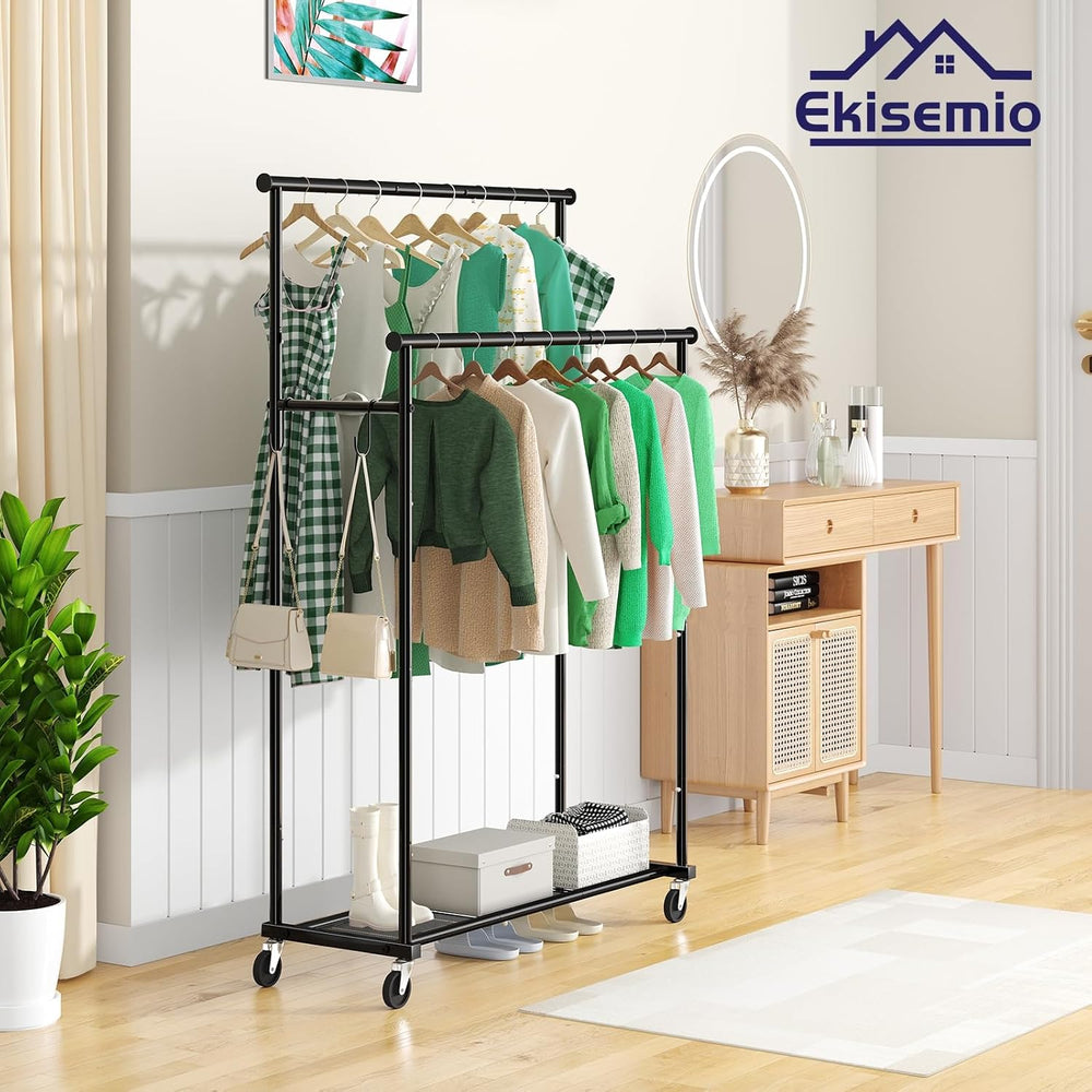 Ekisemio Double Rods Clothes Rack with Wheels Load 400 LBS, 45 Inch Rolling C...
