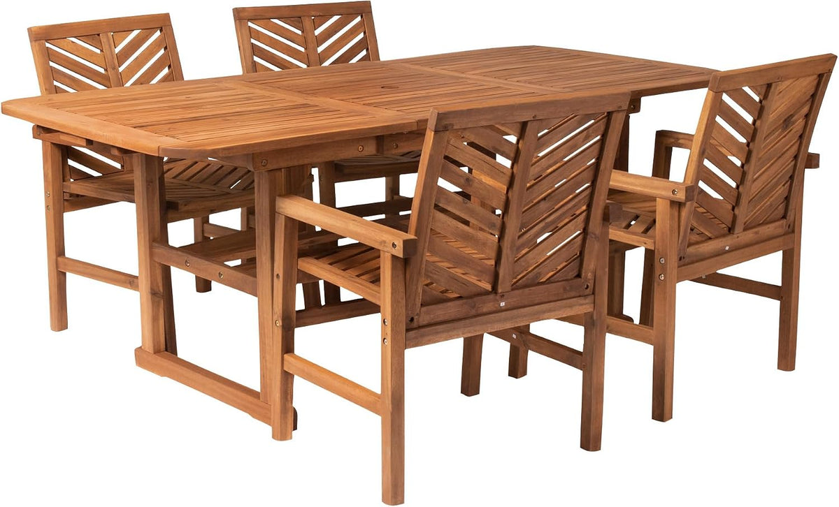 Walker Edison 4-6 Person Outdoor Wood Chevron Back Patio Furniture Dining Set Extendable Table Chairs All Weather Backyard Conversation Garden Poolside Balcony, 5 Piece, Brown