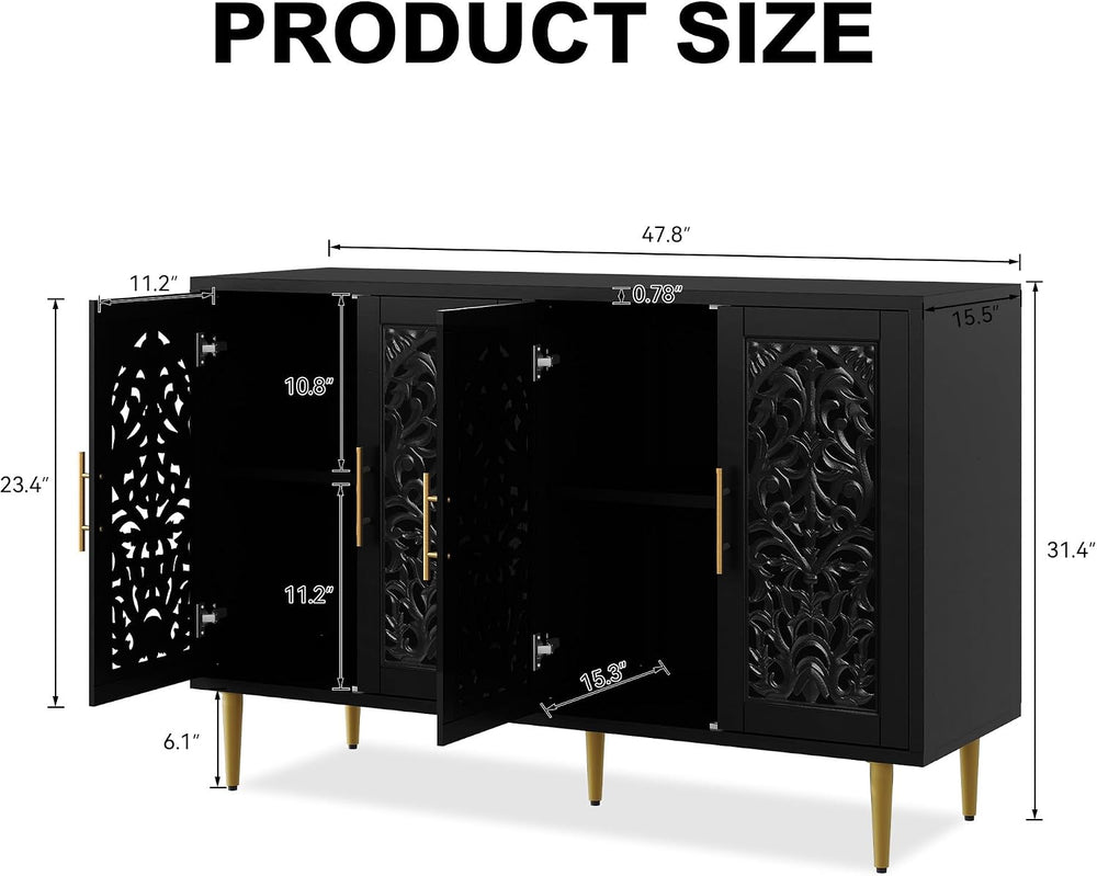 ARTPOWER 47.8" Vintage Accent Cabinet with 4 Hollow Carving Doors, Black