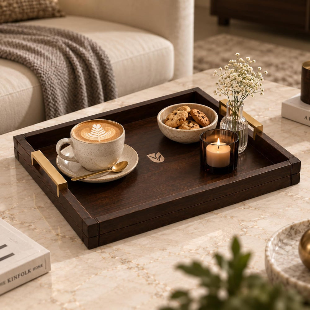 Acacia Wood Tray for Coffee Table, Set of 2 Ottoman Trays with Gold Handles
