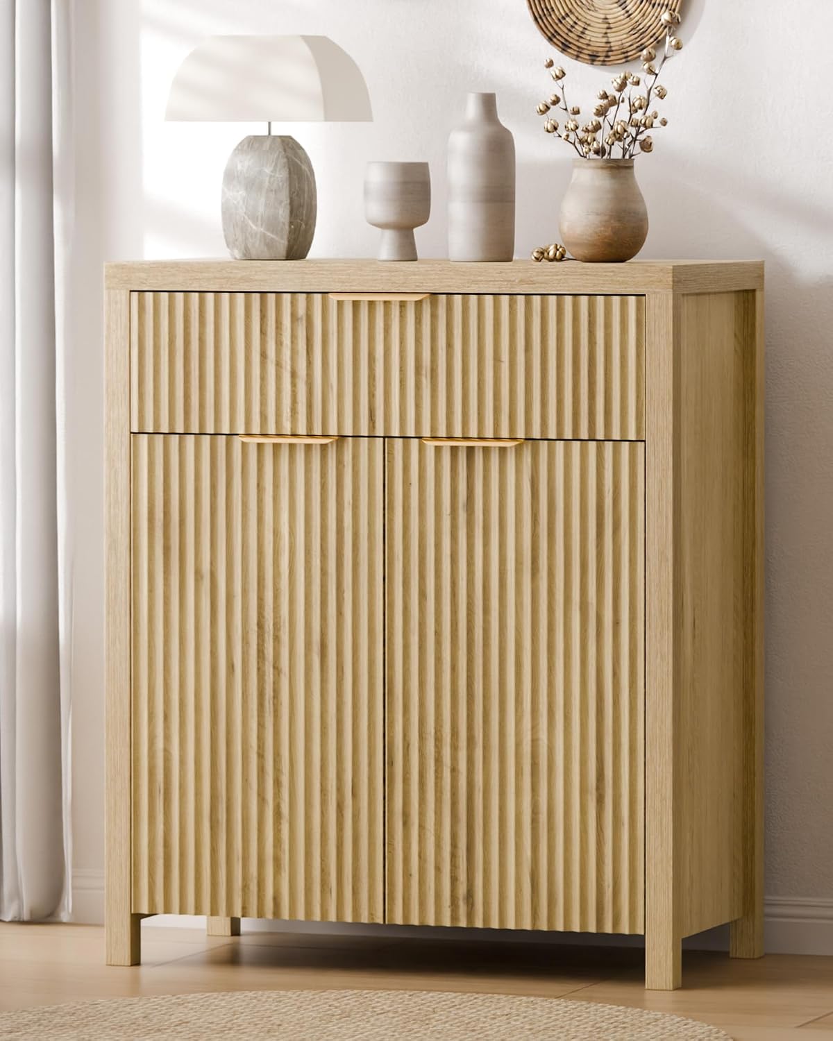 Lulive Fluted Buffet Cabinet for Kitchen, 28.3" Sideboard Cabinet Natural