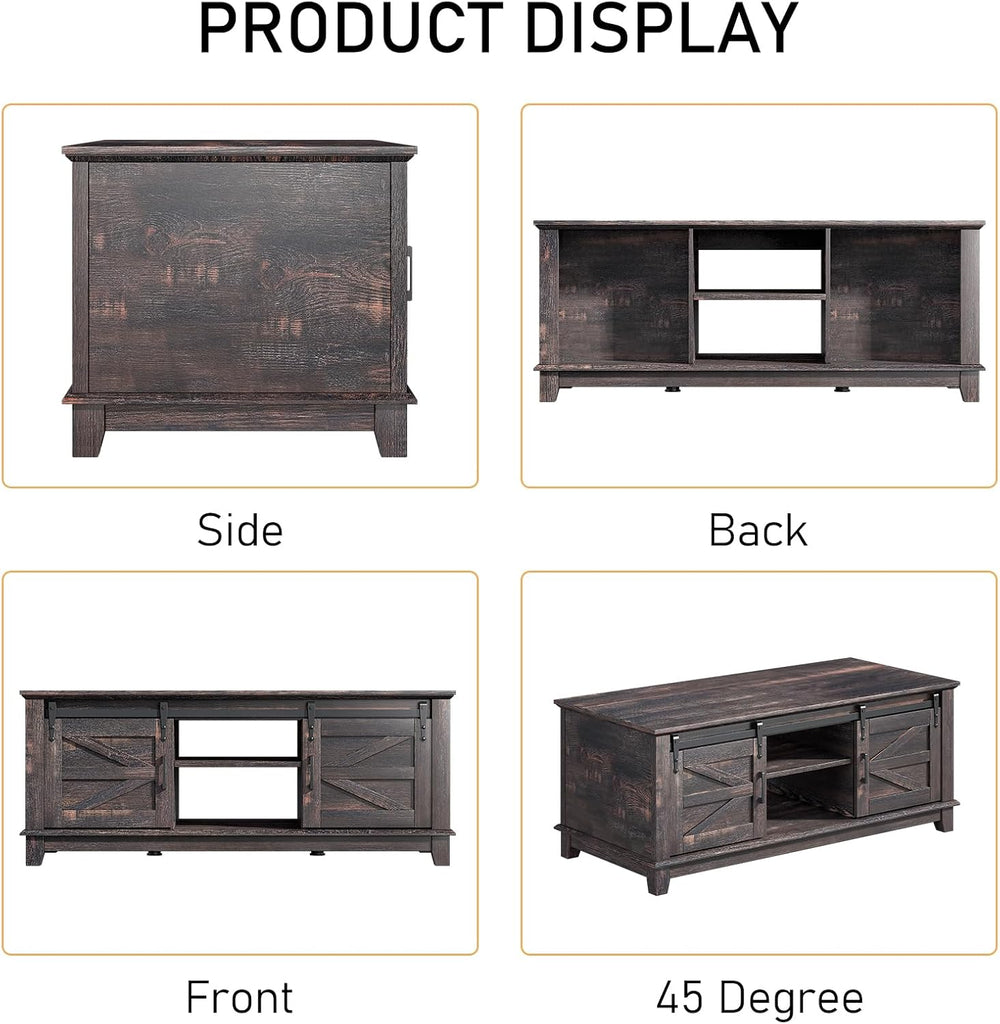 LUXOAK 48" Farmhouse Coffee Table with Sliding Barn Doors, Dark Rustic Oak