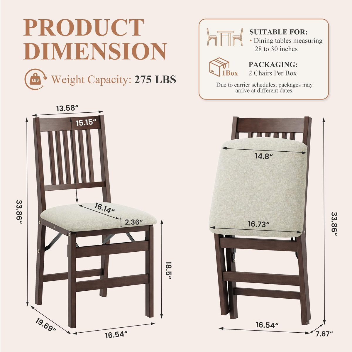Folding Wood Dining Chairs Set of 2 – No Assembly, Beige Fabric Cushion