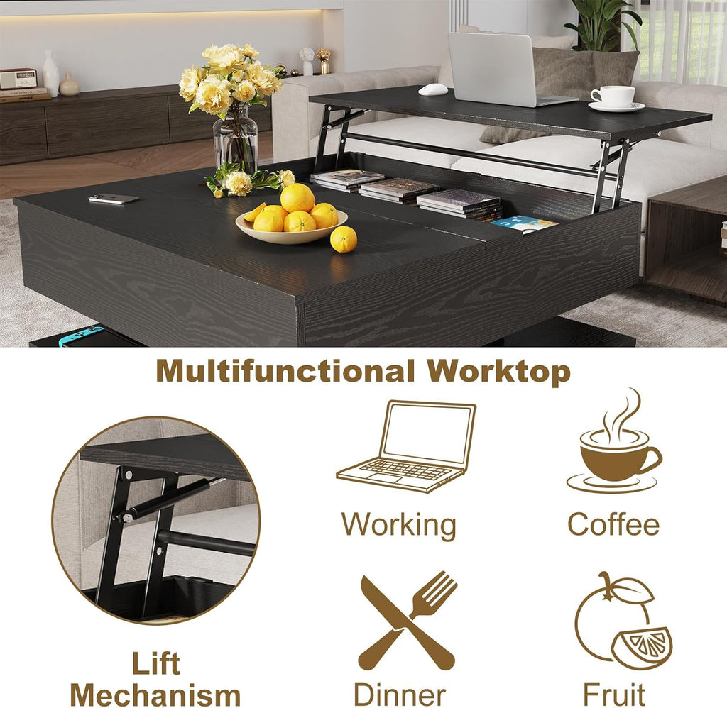 35.4" Large Square Coffee Table with Lifting top,Charging Station,Modern 2-Tier Square Center Table w/Hidden Compartment Storage,Tea Table with Wood Grain for Living Room, Office,Black