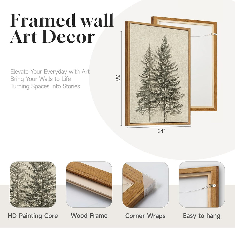 Framed Vintage Rustic Vertical Pine Tree Wall Art for Living Room, 24x36 In