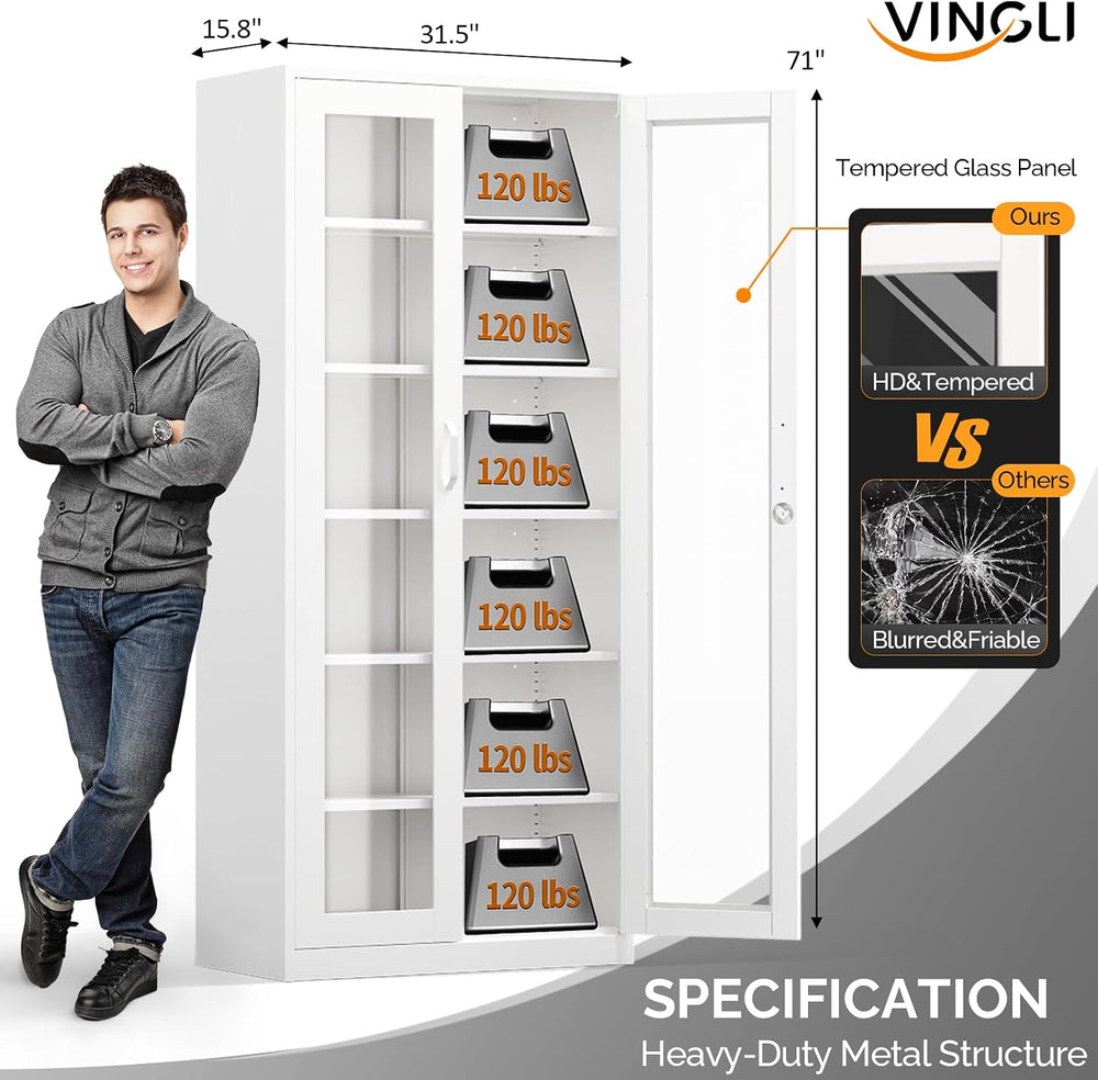 VINGLI Lockable Display Cabinet with Glass Doors & 5 Adjustable Shelves, ...
