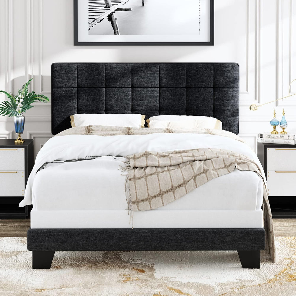 Allewie Queen Size Panel Bed Frame Box Spring Needed Dark Grey