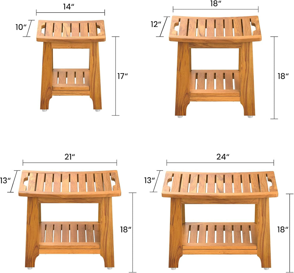 NNN 14" Compact Teak Shower Stool with Japan-Made Non-Slip Leveling Feet
