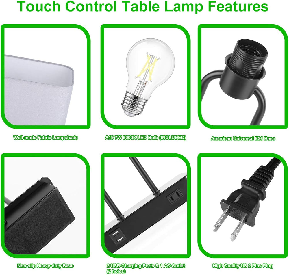 Lakumu Bedside Touch Control Table Lamps, 3 Way Dimmable Nightstand Lamp