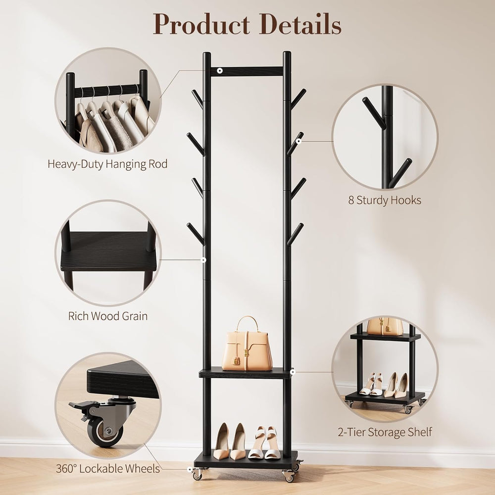 Yoobure Solid Wood Coat Rack Freestanding - Rolling Clothes Rack with 8 Hooks...