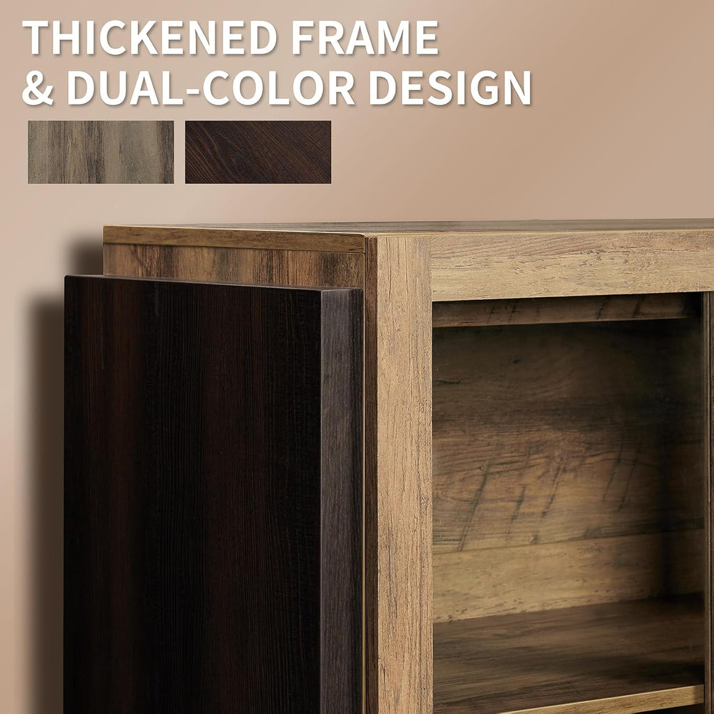 LUXOAK 64" Sideboard Buffet Cabinet with Glass Doors & LED Lights, Brown
