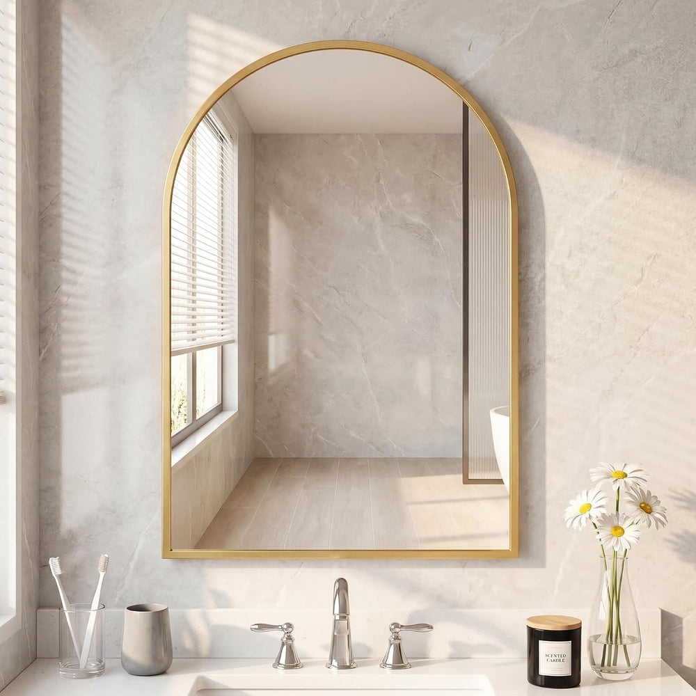 DUMOS 26"x38" Arched Wall Mirror, Bathroom Mirrors for Over Sink, Gold
