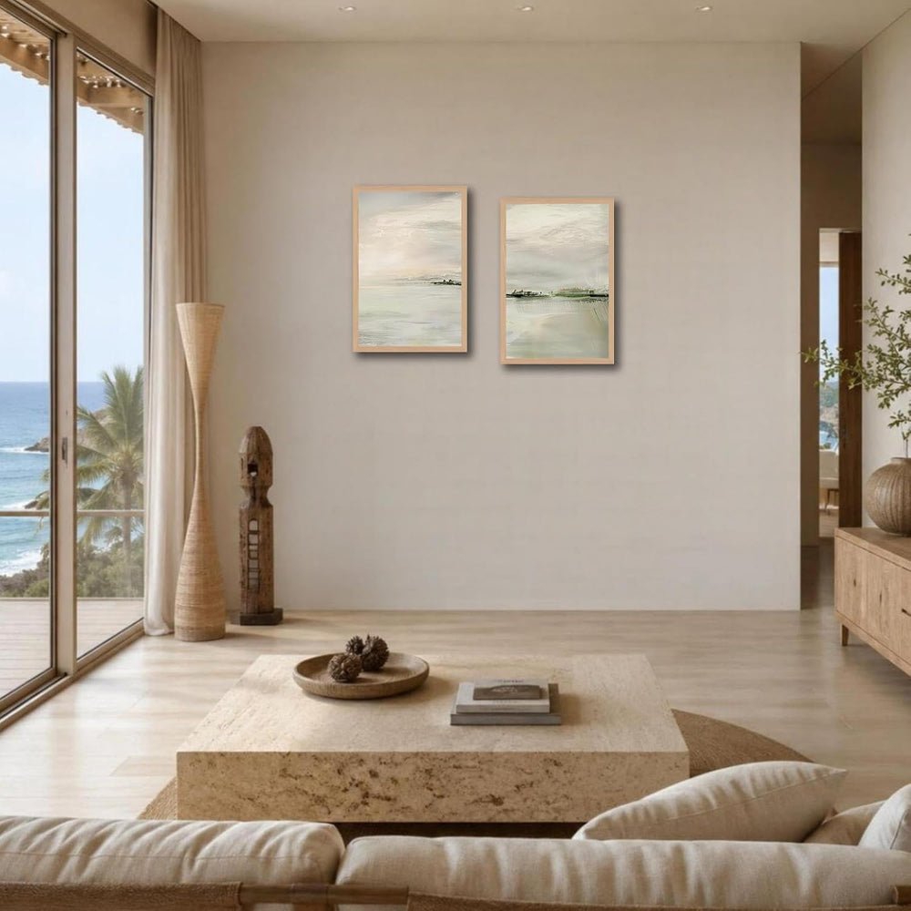 2pcs Framed Sage Green Abstract Wall Art Neutral Lake View