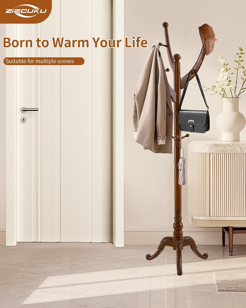 Coat Rack Freestanding,Solid Wood Coat Hall Tree with 13 Hooks