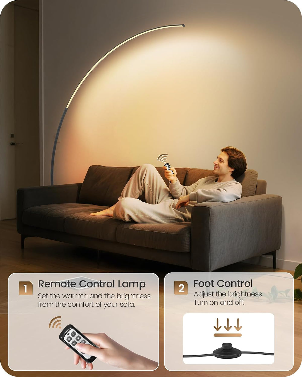 75" Dimmable Arc Floor Lamp with Remote & Foot Switch,LED Corner Flo...
