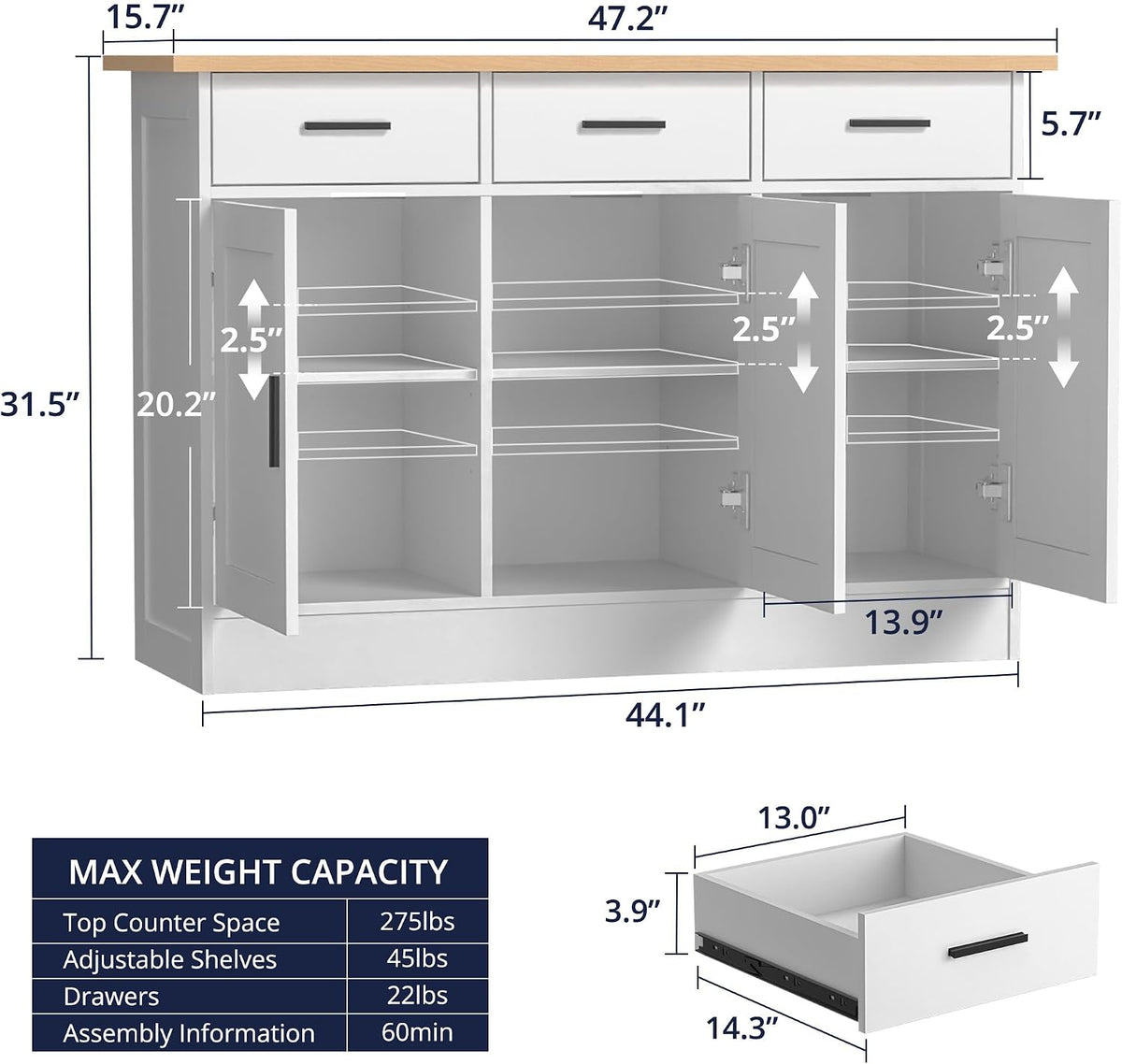 Buffet Cabinet with Storage - Buffets & Sideboards Kitchen Storage Cabinet, Wood Console Table Coffee Bar Accent Cabinets for Living Room Dining Room Entryway Large 3 Doors & Drawers, White 47.2"W