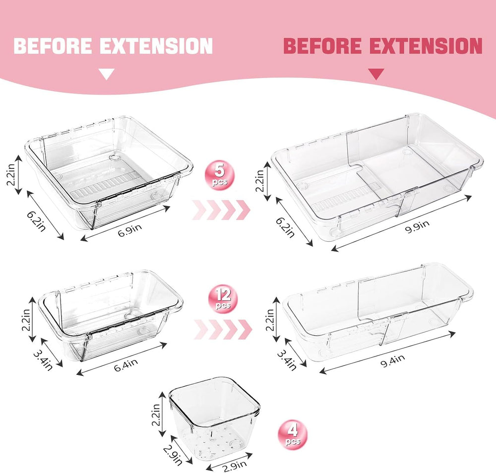 21 PCS Extendable Drawer Organizer Set Clear Stackable Vanity Storage Bins