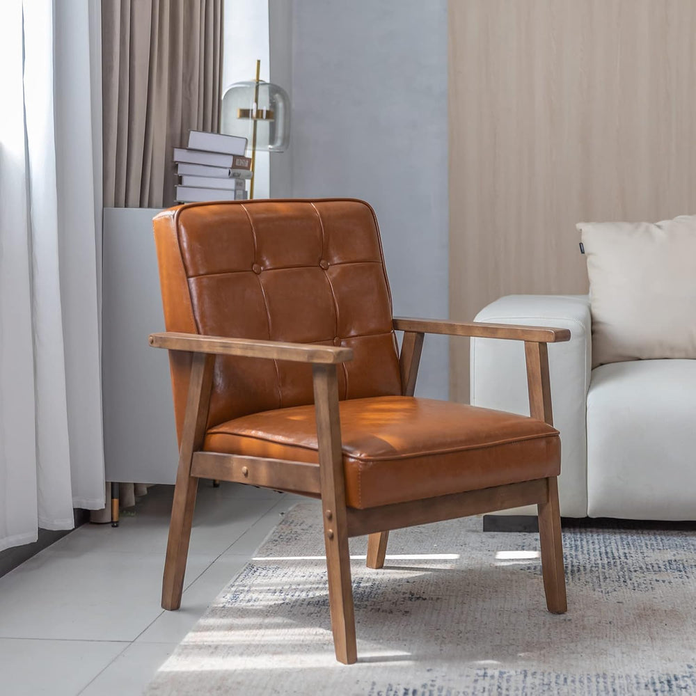 Okeysen Mid Century Modern Accent Chair, Retro Wood Leather Armchairs Side Ch...
