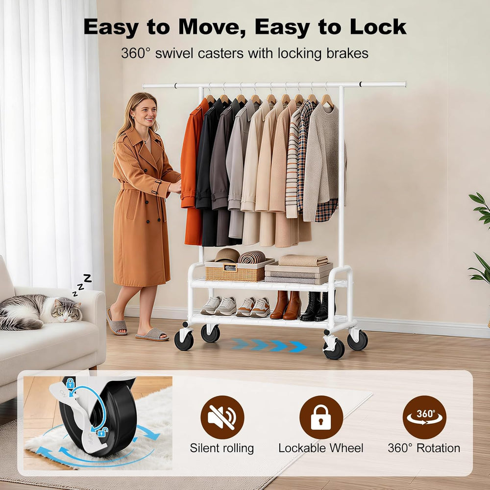Clothes Rack Heavy Duty, 550 LBS Rolling Clothing Rack with Wheels, White