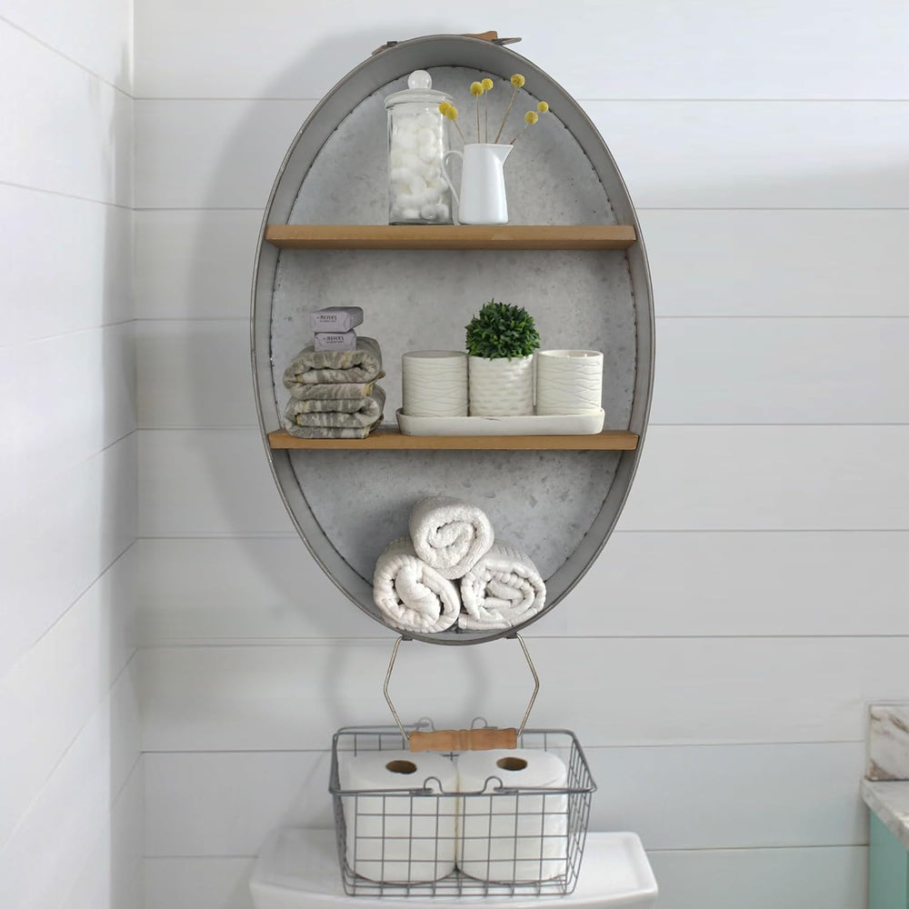 Oakrain Towel Rack with Wood Wall Shelves, Farmhouse Galvanized Wash Tub