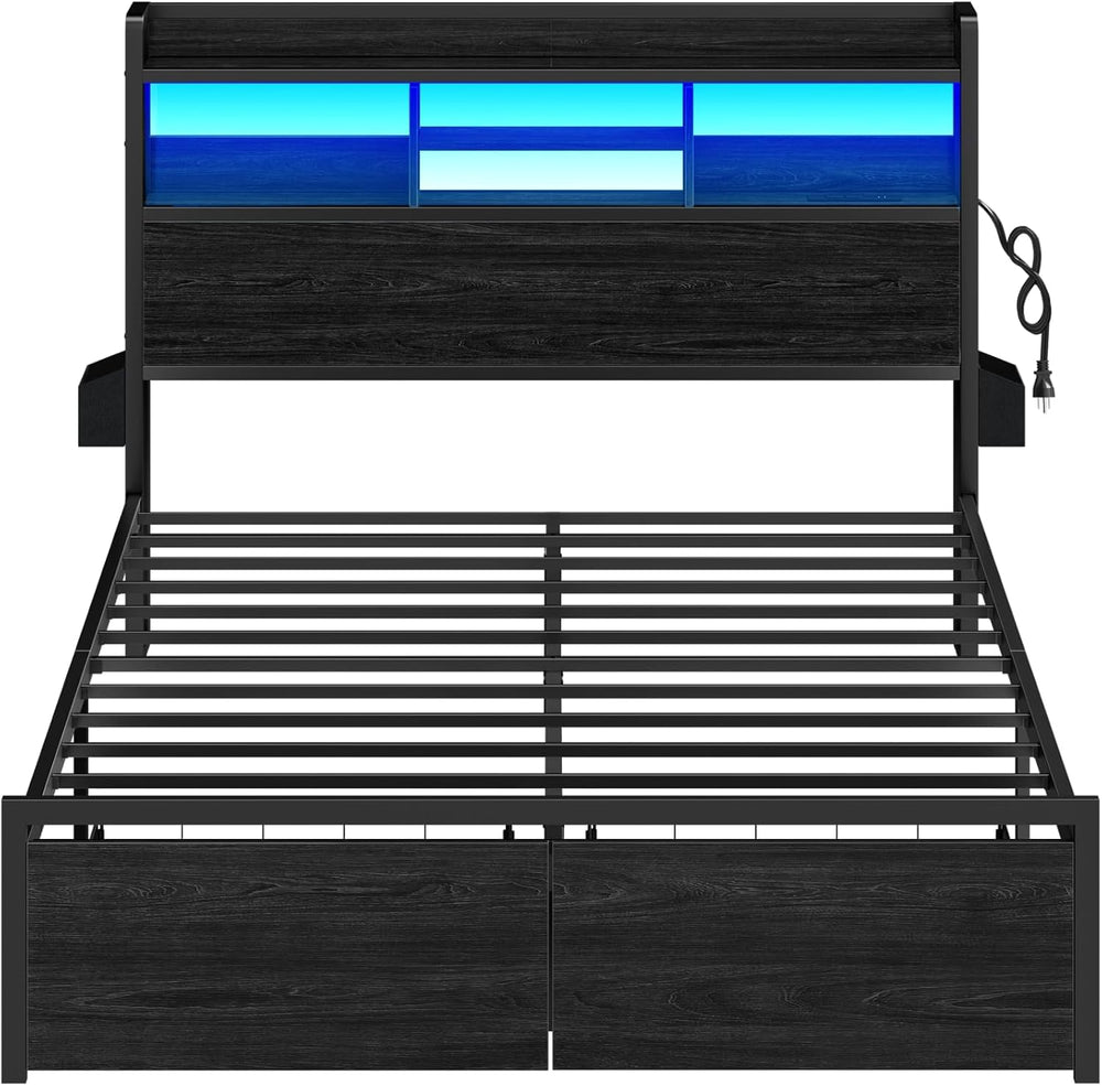 Furnulem Full Size Bed Frame with Headboard and Charging Station,2 Drawers