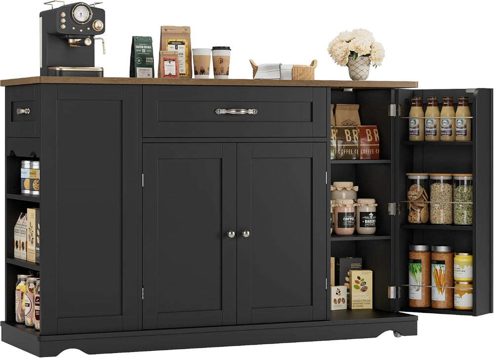 HOSTACK 47" W Kitchen Island Cart with Storage, Rolling Island Table, Black