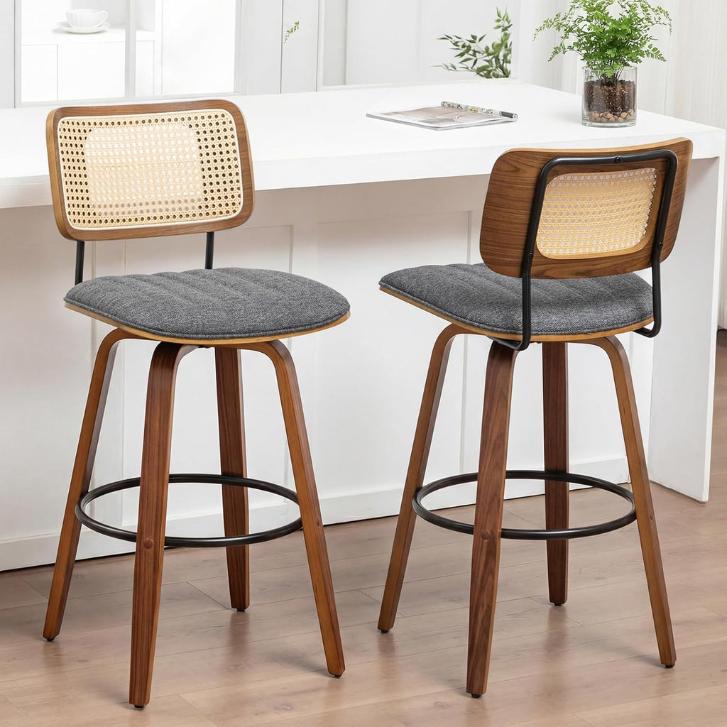 30 inch Kitchen Bar Stools, Mid Century Modern Rattan Swivel Bar Stools