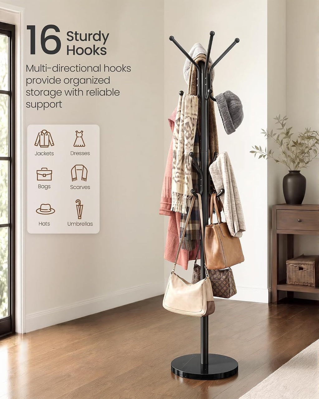 SONGMICS Freestanding Coat Rack, 16 Hooks, Steel Coat Tree with Marble Base
