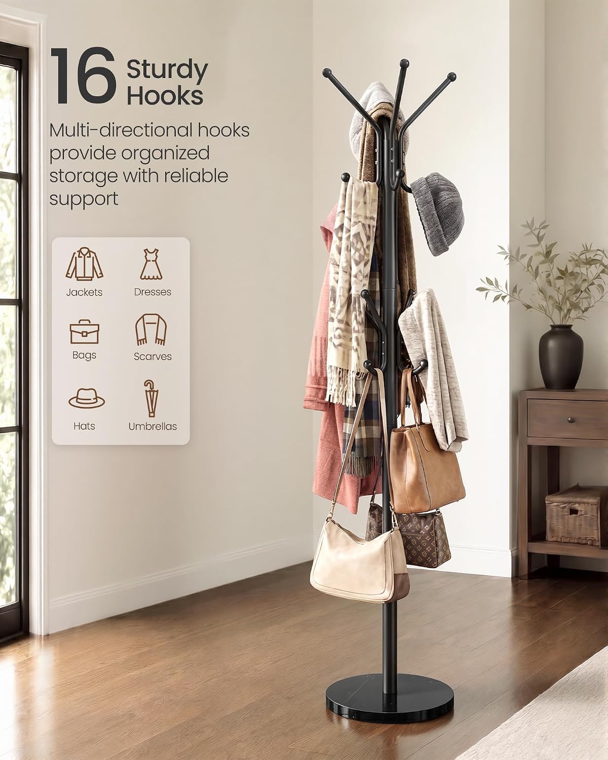 SONGMICS Freestanding Coat Rack, 16 Hooks, Steel Coat Tree with Marble Base