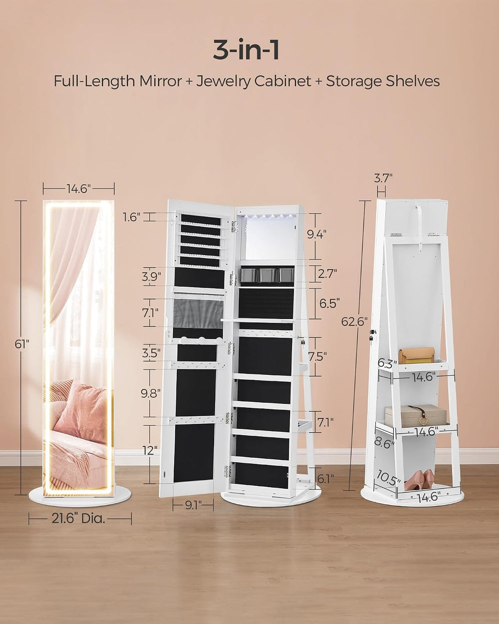 SONGMICS LED Mirror Jewelry Cabinet Standing, Adjustable Lights, Lockable