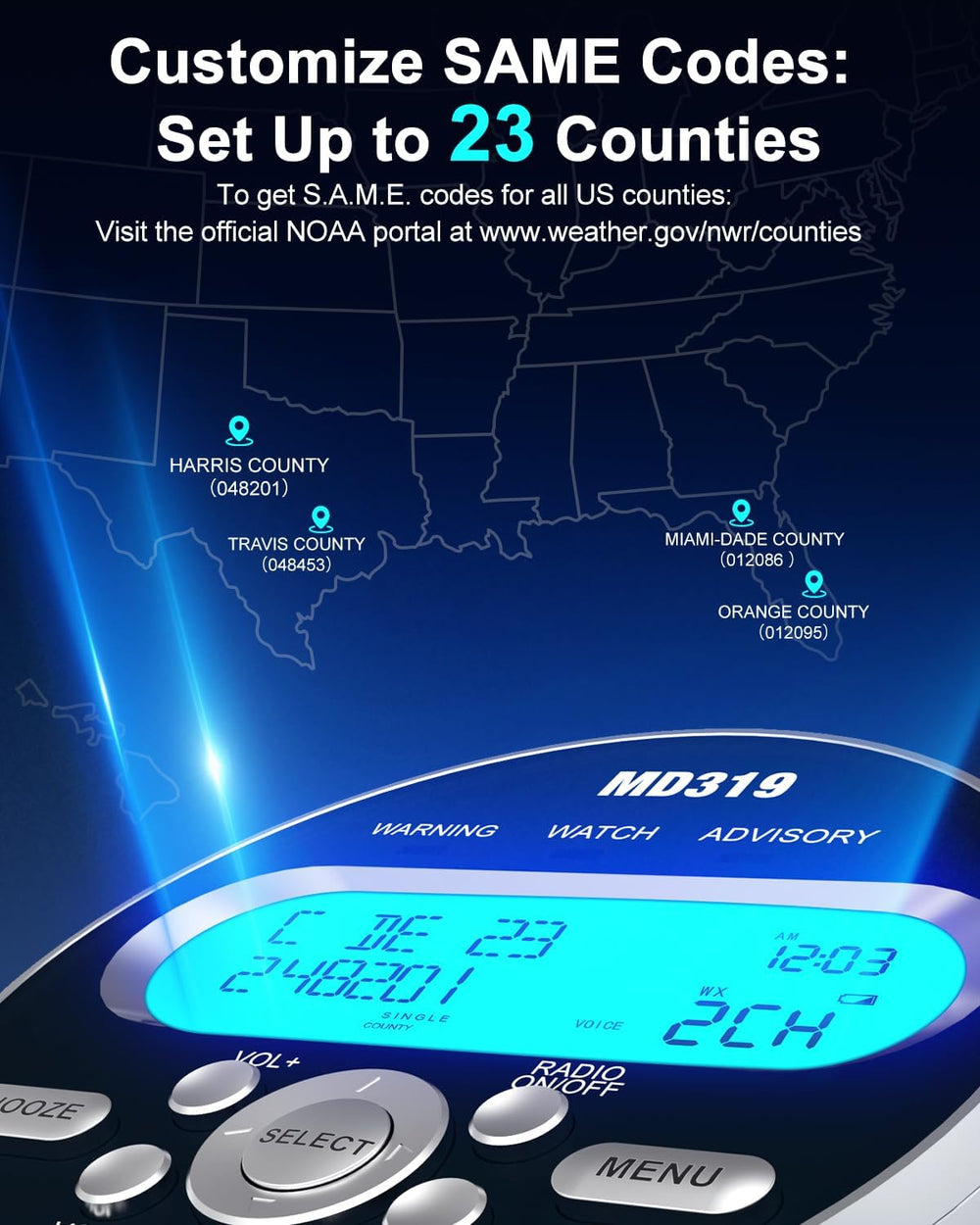 Weather Alert Radio with 23 County Codes,80+ NOAA Alerts,for Tornado,Storm