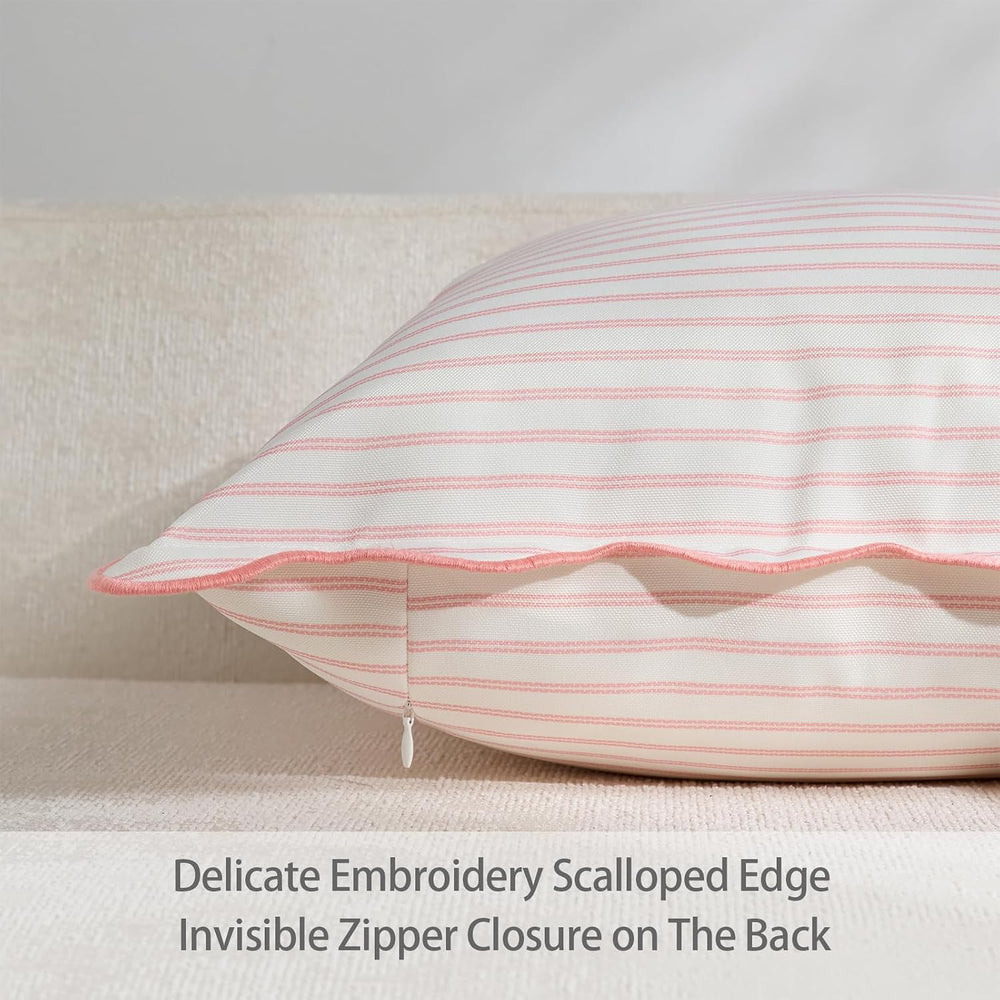 DEZENE 18x18 Pink Outdoor Pillow Covers Pack of 2, Striped Scalloped Coastal ...