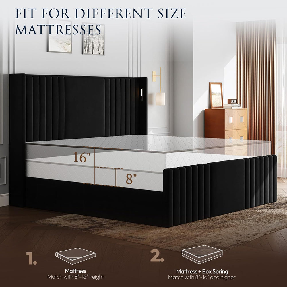 55" Tall King Size Platform Bed Frame with 2 Reading Lights, Black