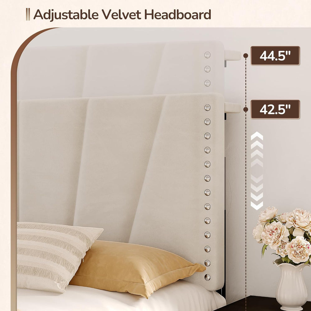 EnHomee Queen Bed Frame with LED Lights & USB, Noise-Free, Beige