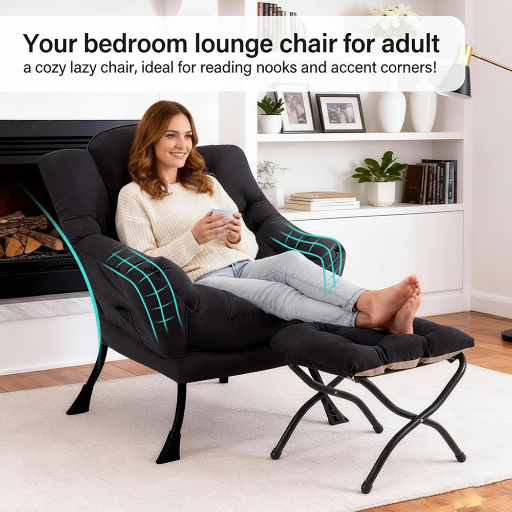 Lazy Chair with Ottoman, Comfy Chair with Pillow， Black