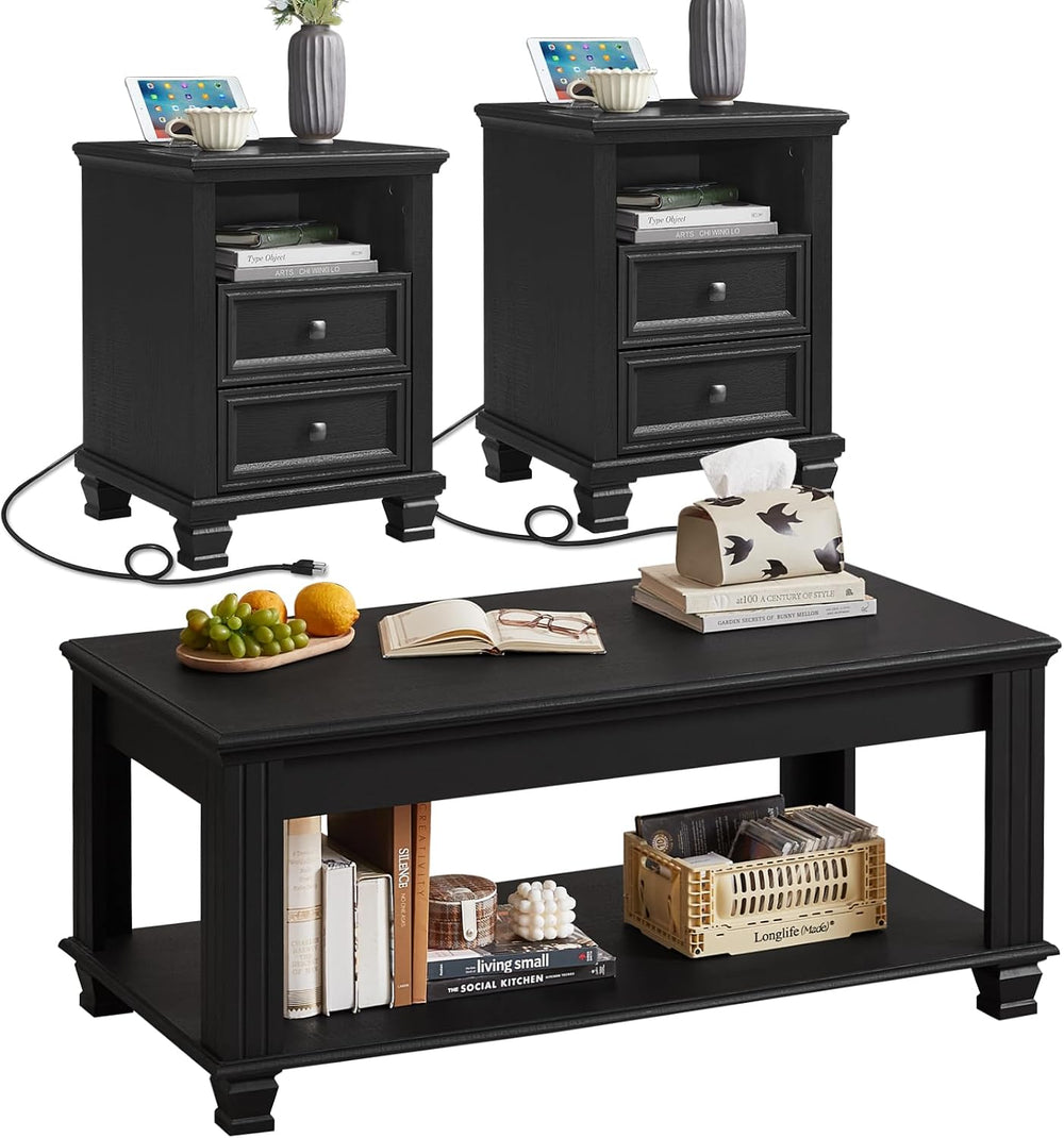 SAVOR LIFE Farmhouse Coffee and End Table Sets, Black