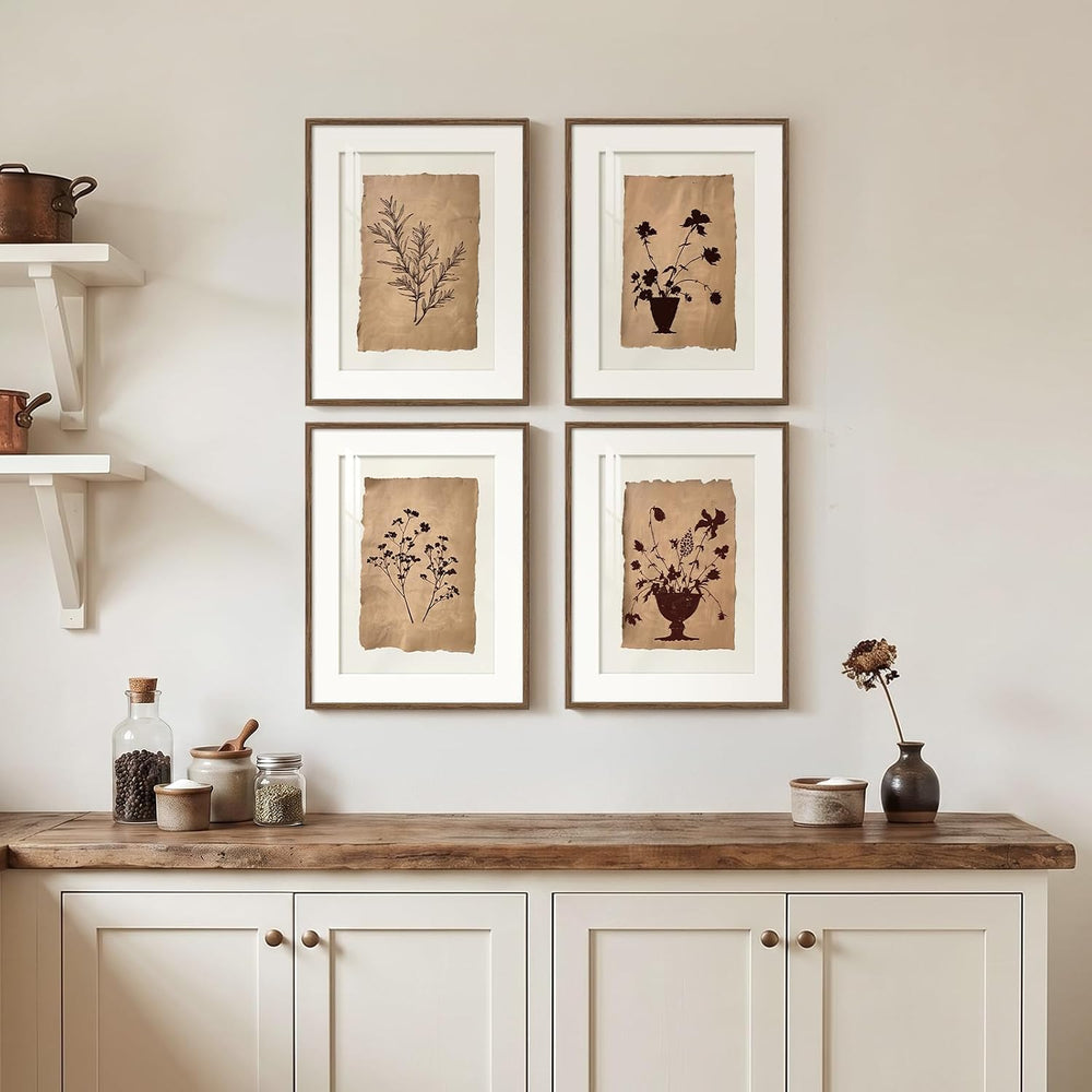 Framed Vintage Botanical Plant Wall Art for Bathroom, 11x14 In 4 Piece