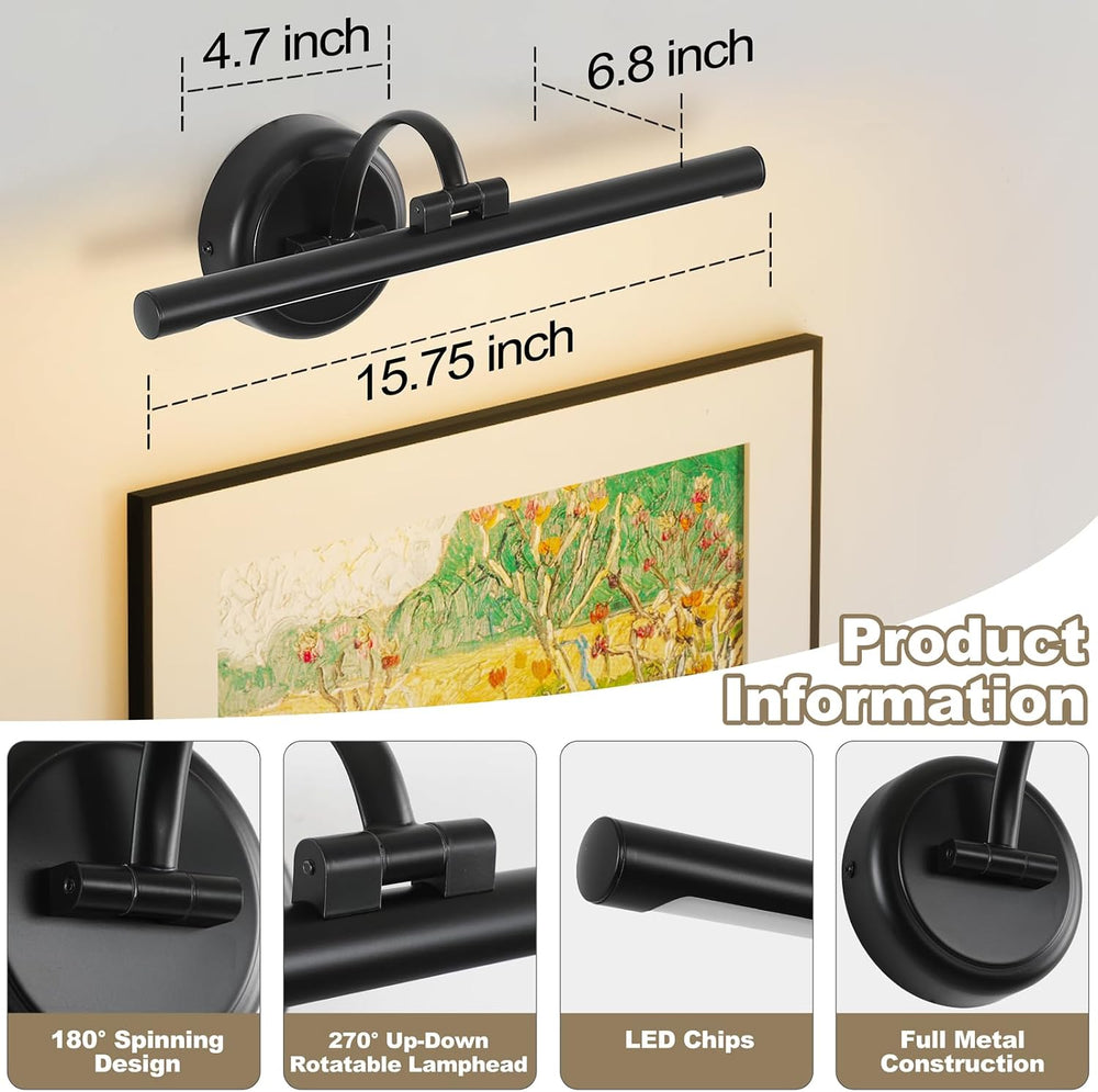 Tassuowell Hardwired Picture Ligh (Black Hardwired, 15.75 inch Dimmable)