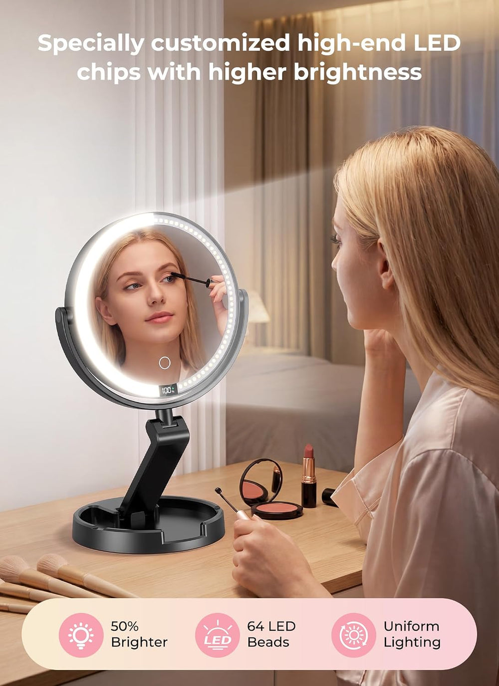 Lighted Travel Makeup Mirror,1X/10X Magnification,3 Light Modes,Black