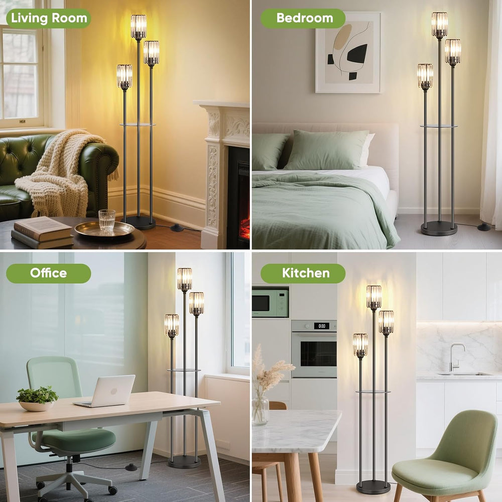 Crystal Standing Floor Lamp with Shelves for Living Room 67" Tall Black