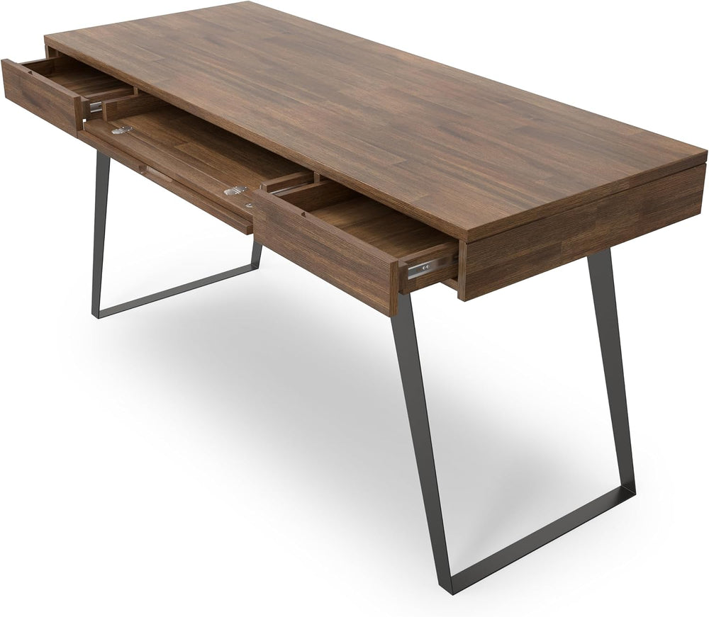 SIMPLIHOME Lowry 54" Wide Solid Acacia Wood Writing Desk in Natural Brown