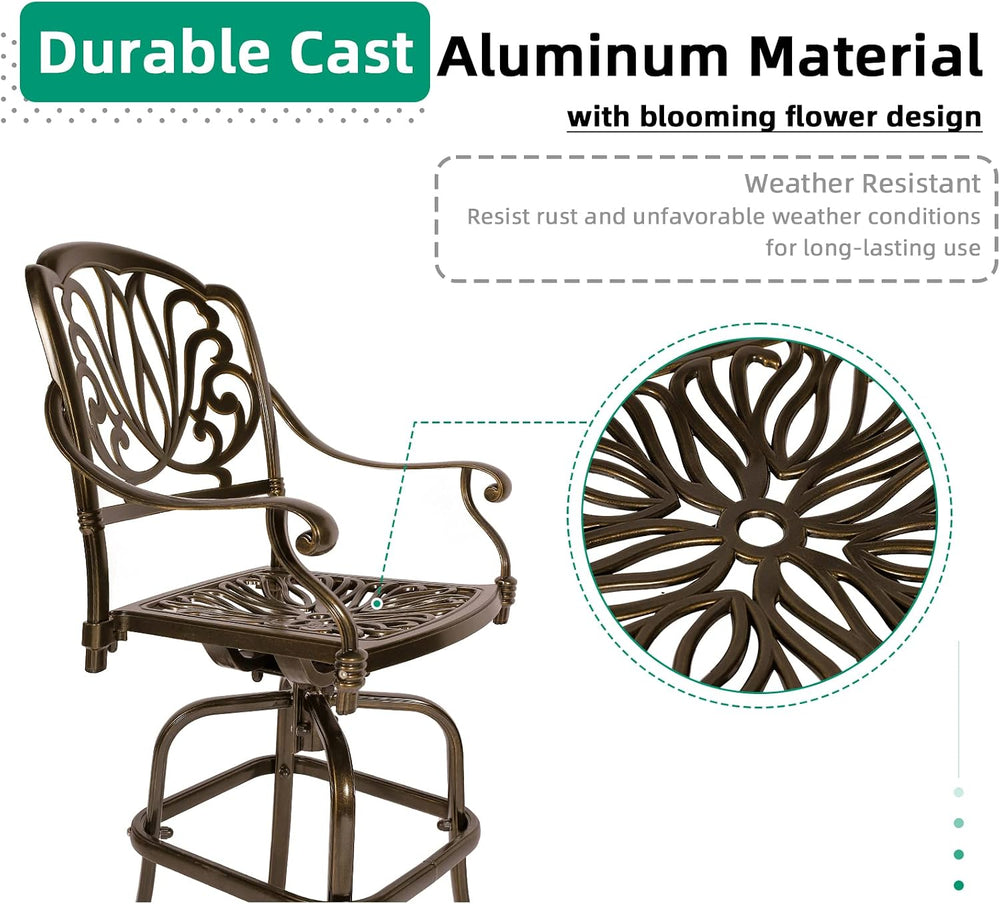 VIVIJASON 2-Piece Patio Swivel Bar Stools, All-Weather Cast Aluminum Bar Heig...
