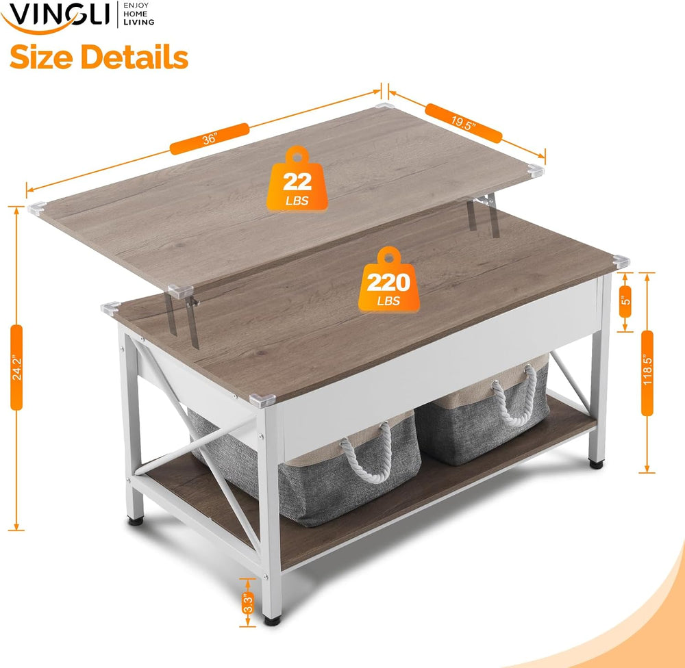 VINGLI 36" Small Lift Top Coffee Table with 2 Free Cloth Storage Bins