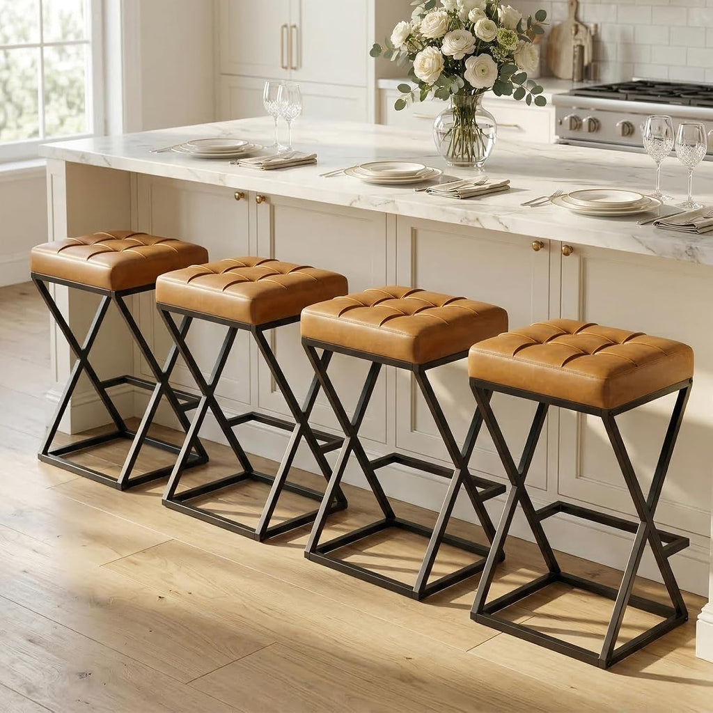 Bar Stools Set of 4, 26 Inch Counter Height Stool Faux Leather Brown