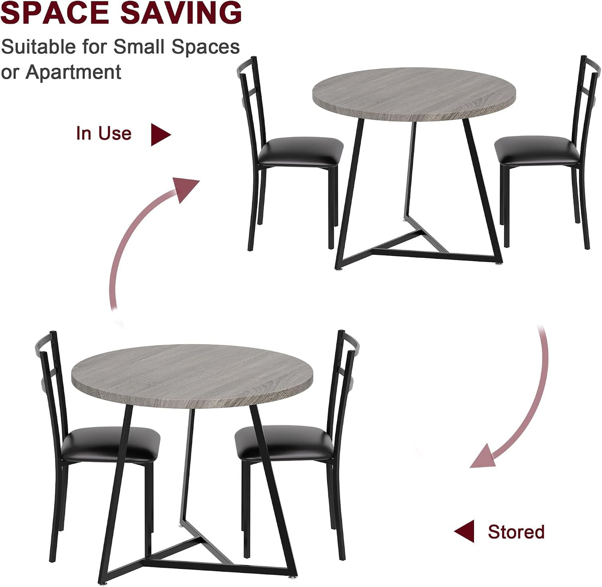 GAOMON Dining Table Set for 2, Kitchen Table and Chairs for 2 with Upholstered Chairs, 3 Piece Dining Room Table Set, Round Kitchen Table Set for Small Space, Apartment, Studio, Rustic Gray