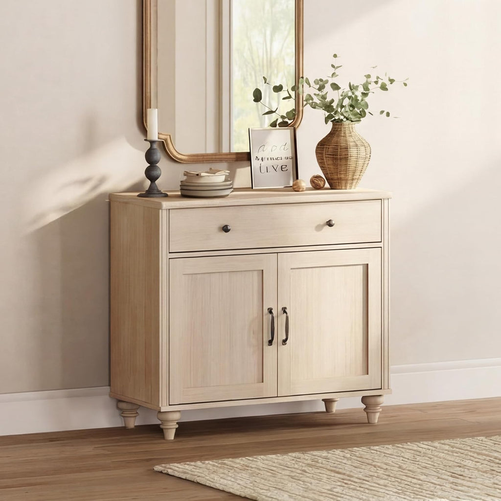 wampat farmhouse buffet cabinet with doors & drawer showing dimensions