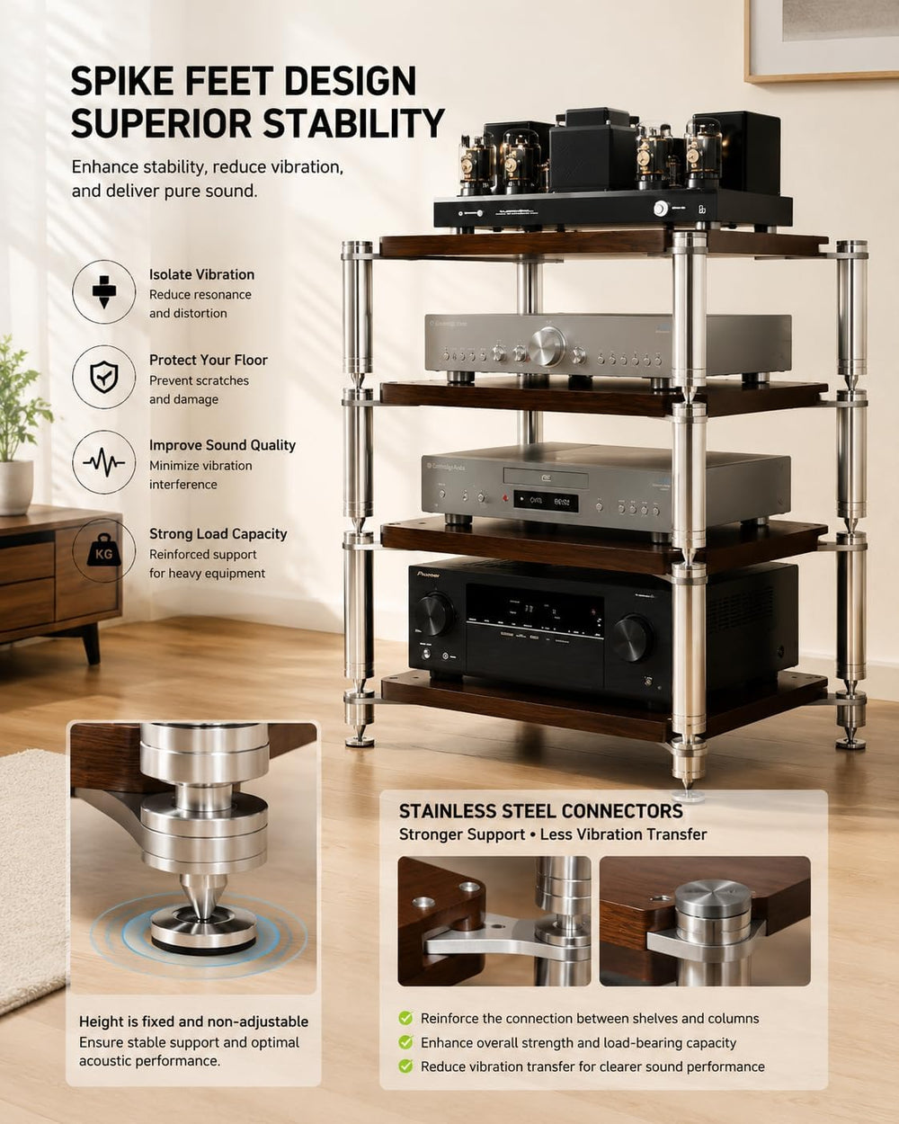 3-Tier HiFi Audio Rack, Audio Component Stand Black Walnut