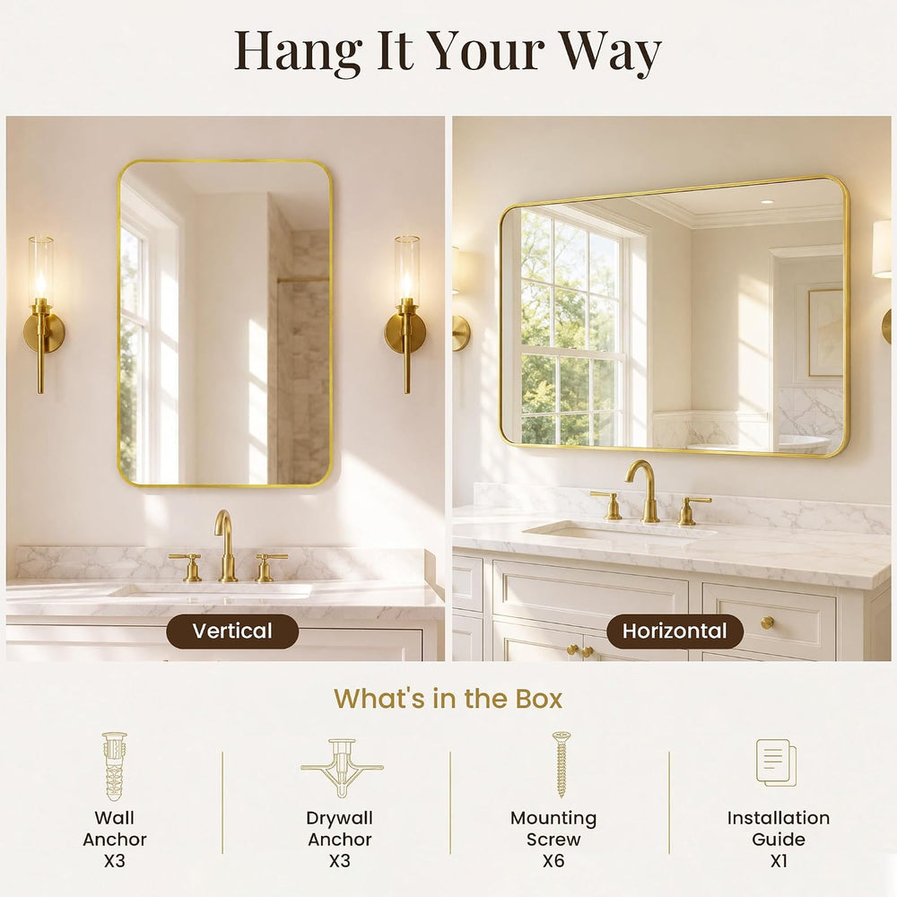2-Pack 24x36 Inch Brushed Gold Rounded Rectangle Vanity Mirrors