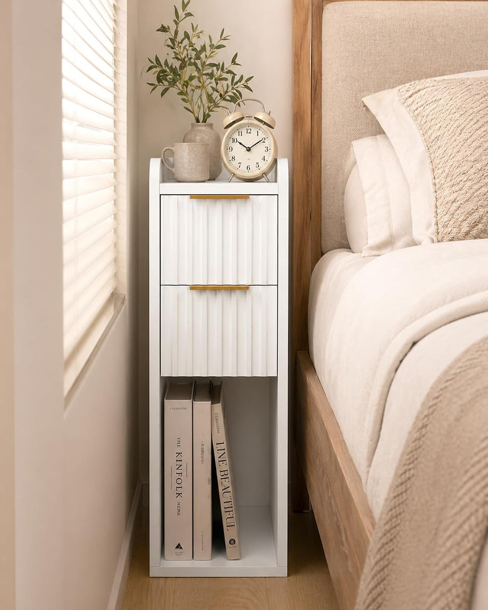 Narrow Nightstand Set of 2, 7.9" Wood Nightstands w/Fluted 2 Drawer, Sli...